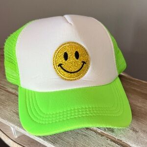Happy hat! Gold smiley, bright green,
New